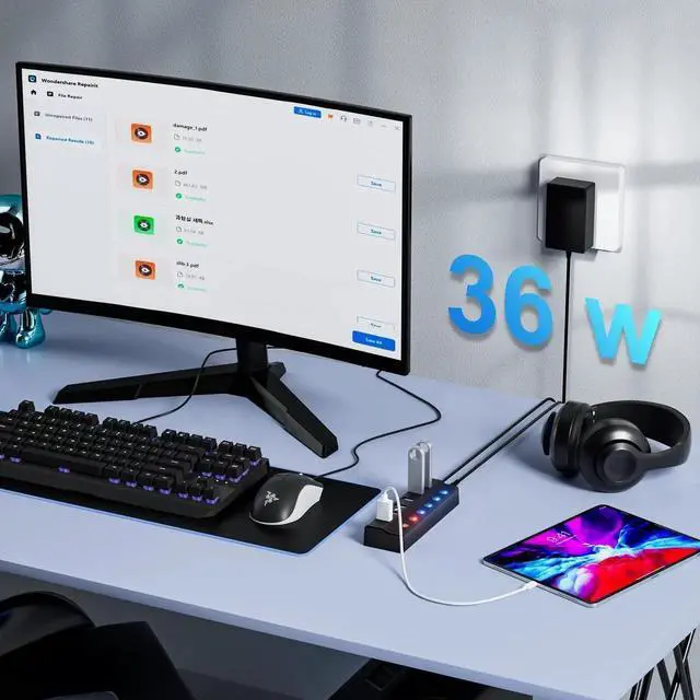 Alt view image 5 of 7 - Powered USB Hub 3.0, 6-Port USB 3.0 Splitter Hub (4 Faster Data Transfer Ports+ 2 Smart Charging Port) with Individual LED On/Off Switches and 12V/3A Power Adapter USB Extension for Mac, PC