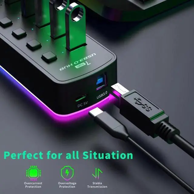 Alt view image 6 of 7 - USB 3.0 Hub, RGB 7 Ports USB 3.0 Hub with 14 Mode RGB LED Strip, 5Gbps High Speed USB Splitter Adapter Individual On/Off Switch For PC Computer Accessories RGB USB Hub (without Power Adapter)