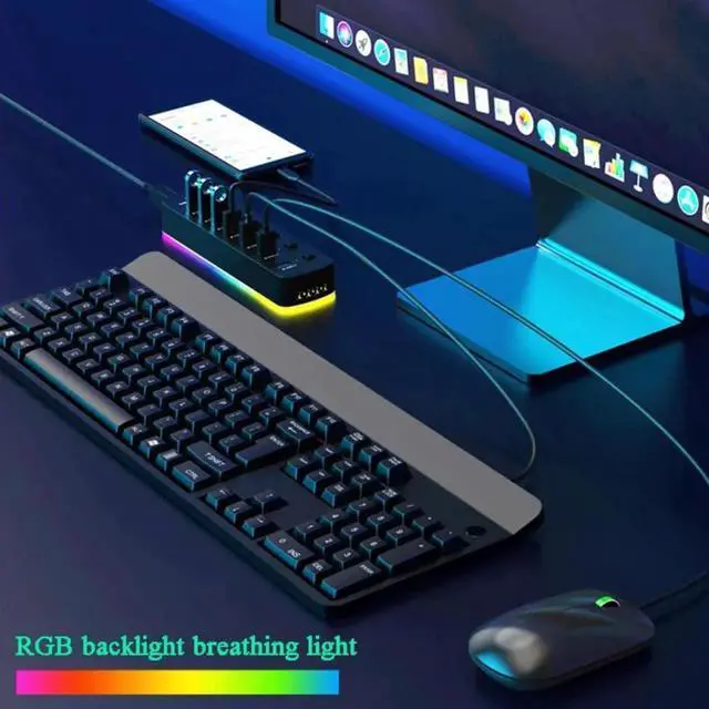 Alt view image 2 of 7 - USB 3.0 Hub, RGB 7 Ports USB 3.0 Hub with 14 Mode RGB LED Strip, 5Gbps High Speed USB Splitter Adapter Individual On/Off Switch For PC Computer Accessories RGB USB Hub (without Power Adapter)