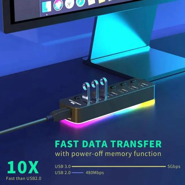 Alt view image 4 of 7 - USB 3.0 Hub, RGB 7 Ports USB 3.0 Hub with 14 Mode RGB LED Strip, 5Gbps High Speed USB Splitter Adapter Individual On/Off Switch For PC Computer Accessories RGB USB Hub (without Power Adapter)