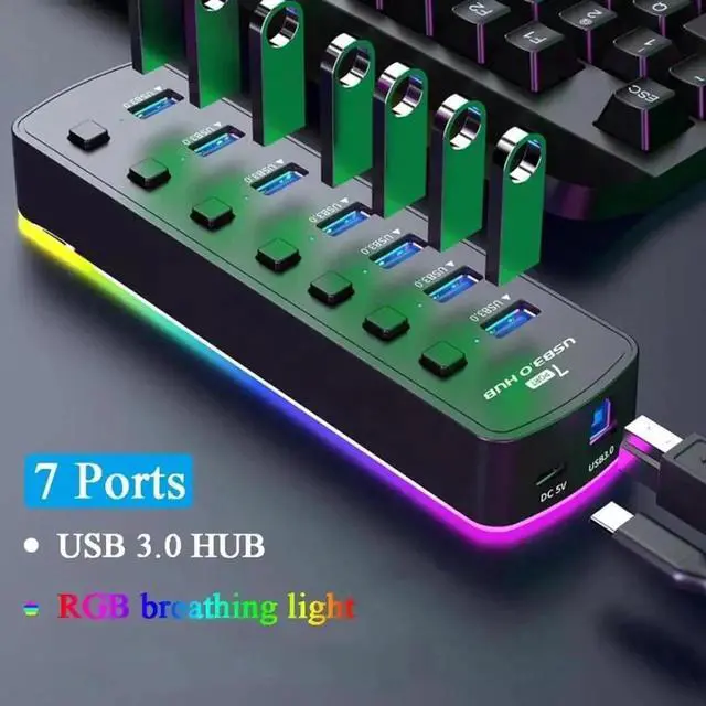 Alt view image 7 of 7 - USB 3.0 Hub, RGB 7 Ports USB 3.0 Hub with 14 Mode RGB LED Strip, 5Gbps High Speed USB Splitter Adapter Individual On/Off Switch For PC Computer Accessories RGB USB Hub (without Power Adapter)
