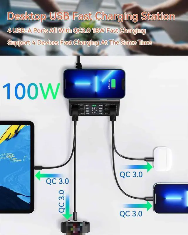 Alt view image 6 of 7 - USB Charger, 100W 8 Port Multiple USB Charging Station with 4 Quick Charge 3.0, 4 USB C PD Port, Wireless Charger, LCD Display Fast USB Charging Hub for i-Phone 13 12 i-Pad Sam-sung and More