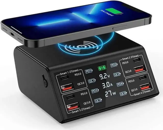 Main image of USB Charger, 100W 8 Port Multiple USB Charging Station with 4 Quick Charge 3.0, 4 USB C PD Port, Wireless Charger, LCD Display Fast USB Charging Hub for i-Phone 13 12 i-Pad Sam-sung and More