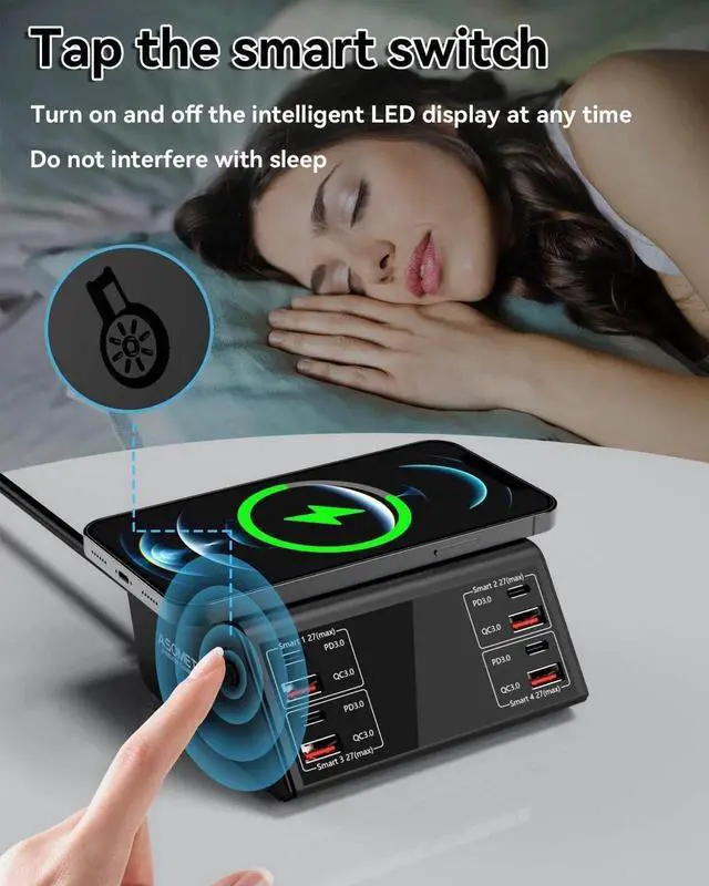 Alt view image 2 of 7 - USB Charger, 100W 8 Port Multiple USB Charging Station with 4 Quick Charge 3.0, 4 USB C PD Port, Wireless Charger, LCD Display Fast USB Charging Hub for i-Phone 13 12 i-Pad Sam-sung and More