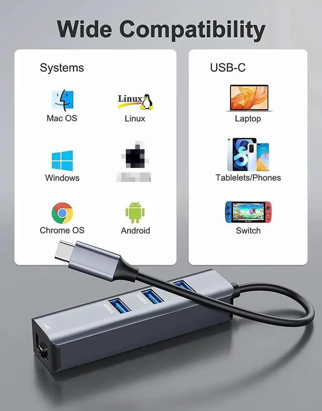 Alt view image 7 of 7 - USB C to 3 x USB 3.0 Hub with Ethernet Adapter, 4-in-1 10/100/1000Mbps Ethernet RJ45 to USB-C/Thunderbolt 3 to Gigabit Ethernet LAN Network Adapter for Mac Chromebook, XPS, Surface Book 3/2/Go etc.