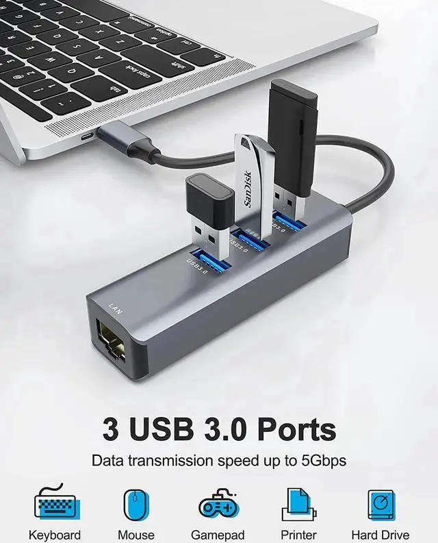 Alt view image 4 of 7 - USB C to 3 x USB 3.0 Hub with Ethernet Adapter, 4-in-1 10/100/1000Mbps Ethernet RJ45 to USB-C/Thunderbolt 3 to Gigabit Ethernet LAN Network Adapter for Mac Chromebook, XPS, Surface Book 3/2/Go etc.