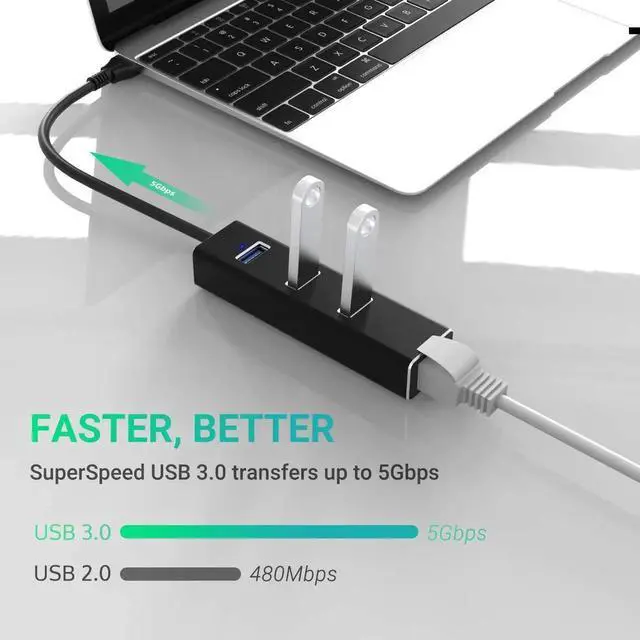 Alt view image 5 of 7 - USB to Ethernet Adapter, USB A to 3 Ports USB 3.0 Hub with 10/100/1000 Mbps LAN RJ45 Gigabit Network Adapter, Supports Windows 10/8/7, Mac OS, Linux