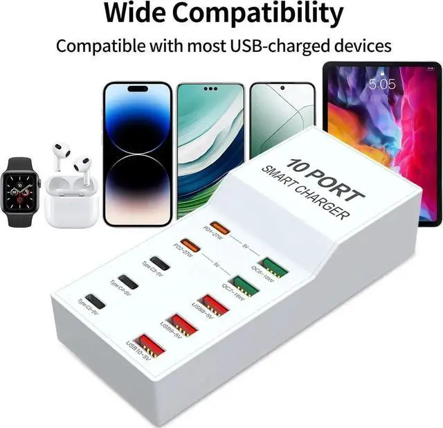 Alt view image 4 of 6 - 10 Port Multi USB Charging Station, Multiple USB Charger Station with PD QC 3.0 USB A USB C Charger Block Multiple Ports, USB Power Strip for Multiple Devices Phone Tablet Laptop Watch