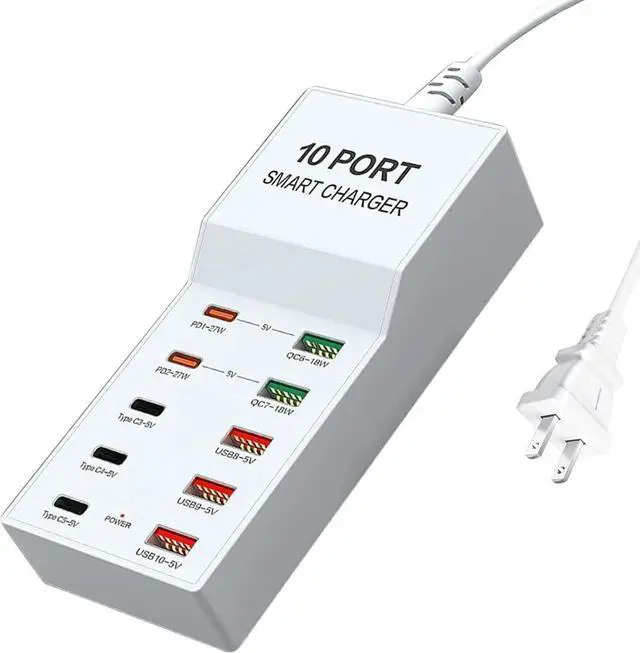 Main image of 10 Port Multi USB Charging Station, Multiple USB Charger Station with PD QC 3.0 USB A USB C Charger Block Multiple Ports, USB Power Strip for Multiple Devices Phone Tablet Laptop Watch