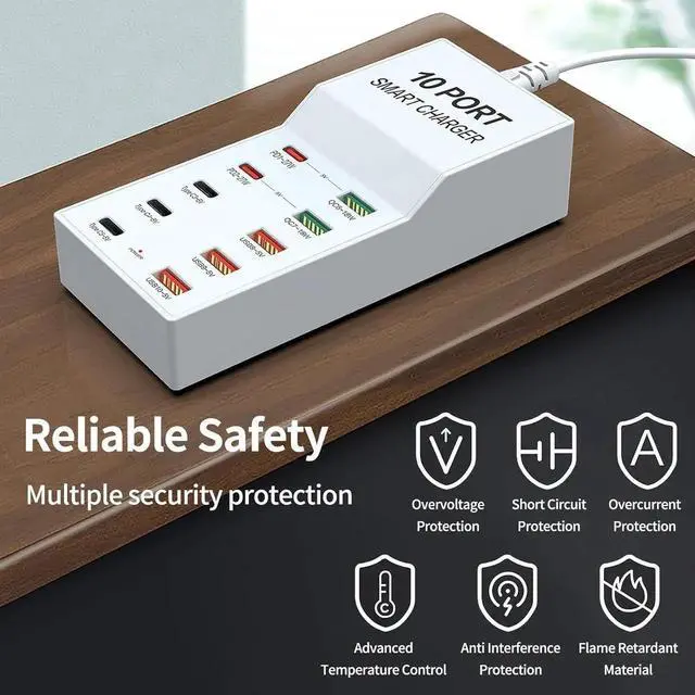 Alt view image 3 of 6 - 10 Port Multi USB Charging Station, Multiple USB Charger Station with PD QC 3.0 USB A USB C Charger Block Multiple Ports, USB Power Strip for Multiple Devices Phone Tablet Laptop Watch