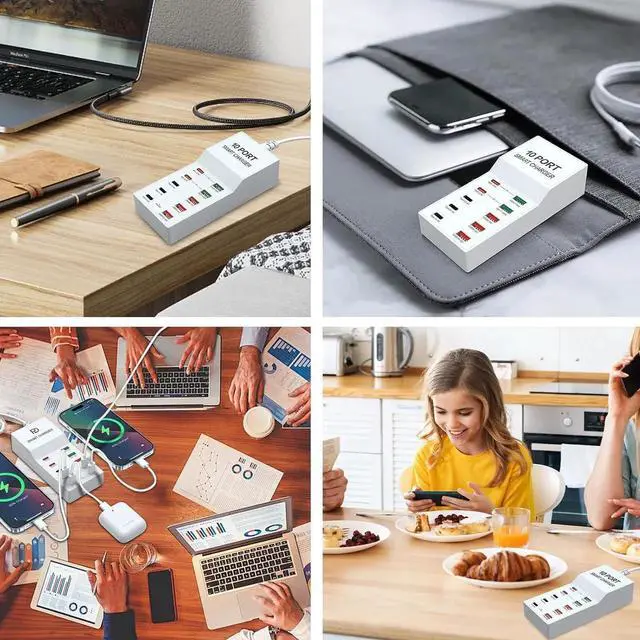 Alt view image 5 of 6 - 10 Port Multi USB Charging Station, Multiple USB Charger Station with PD QC 3.0 USB A USB C Charger Block Multiple Ports, USB Power Strip for Multiple Devices Phone Tablet Laptop Watch