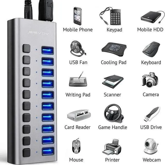 Alt view image 4 of 7 - Powered USB Hub - 10 Ports 48W USB 3.0 Data Hub - with Individual On/Off Switches and 12V/4A Power Adapter USB Hub 3.0 Splitter for Laptop, PC, Computer, Mobile HDD, Flash Drive and More