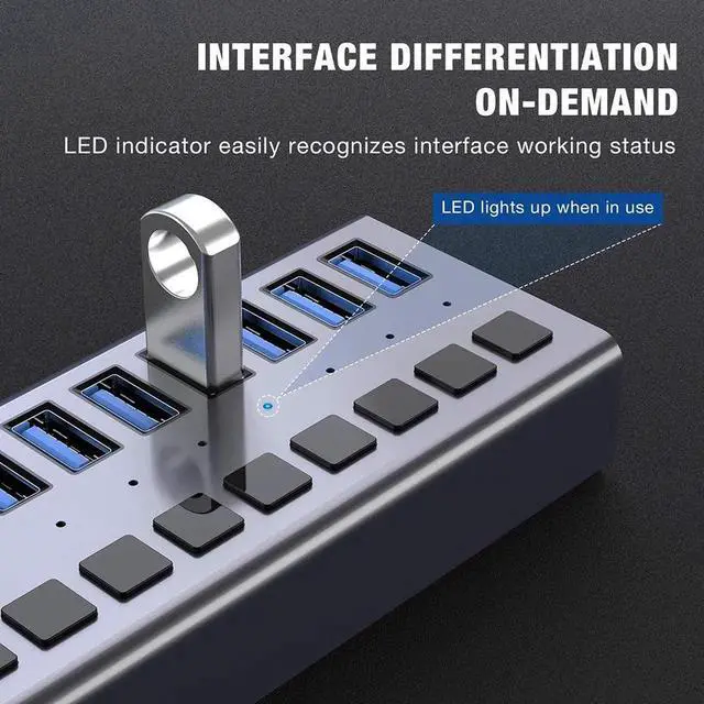 Alt view image 3 of 7 - Powered USB Hub - 10 Ports 48W USB 3.0 Data Hub - with Individual On/Off Switches and 12V/4A Power Adapter USB Hub 3.0 Splitter for Laptop, PC, Computer, Mobile HDD, Flash Drive and More