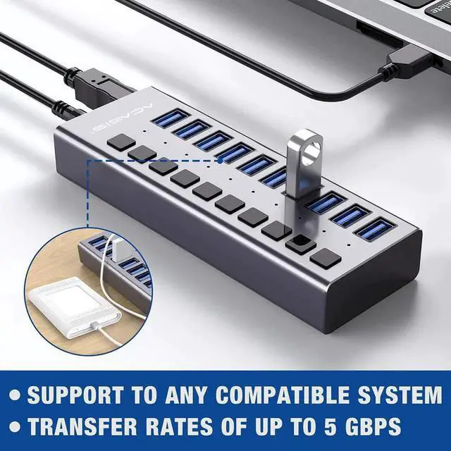 Alt view image 7 of 7 - Powered USB Hub - 10 Ports 48W USB 3.0 Data Hub - with Individual On/Off Switches and 12V/4A Power Adapter USB Hub 3.0 Splitter for Laptop, PC, Computer, Mobile HDD, Flash Drive and More