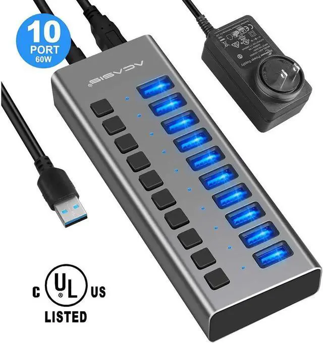 Main image of Powered USB Hub - 10 Ports 48W USB 3.0 Data Hub - with Individual On/Off Switches and 12V/4A Power Adapter USB Hub 3.0 Splitter for Laptop, PC, Computer, Mobile HDD, Flash Drive and More