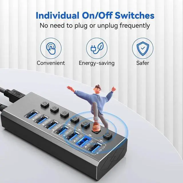 Alt view image 6 of 7 - Powered USB Hub 3.0, 7-Port USB 3.0 Hub [Durable Aluminum] 7 Data Transfer Ports+ 4 Smart Charging Ports with Individual On/Off Switches, USB Hub 3.0 Powered with Power Adapter for Laptop PC