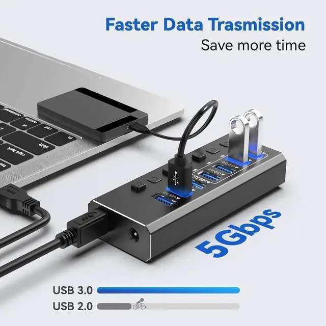 Alt view image 3 of 7 - Powered USB Hub 3.0, 7-Port USB 3.0 Hub [Durable Aluminum] 7 Data Transfer Ports+ 4 Smart Charging Ports with Individual On/Off Switches, USB Hub 3.0 Powered with Power Adapter for Laptop PC