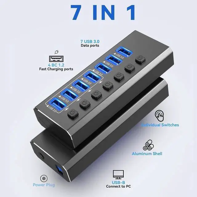 Alt view image 2 of 7 - Powered USB Hub 3.0, 7-Port USB 3.0 Hub [Durable Aluminum] 7 Data Transfer Ports+ 4 Smart Charging Ports with Individual On/Off Switches, USB Hub 3.0 Powered with Power Adapter for Laptop PC