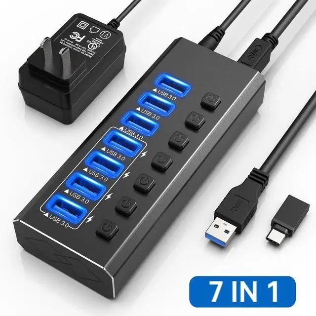 Main image of Powered USB Hub 3.0, 7-Port USB 3.0 Hub [Durable Aluminum] 7 Data Transfer Ports+ 4 Smart Charging Ports with Individual On/Off Switches, USB Hub 3.0 Powered with Power Adapter for Laptop PC