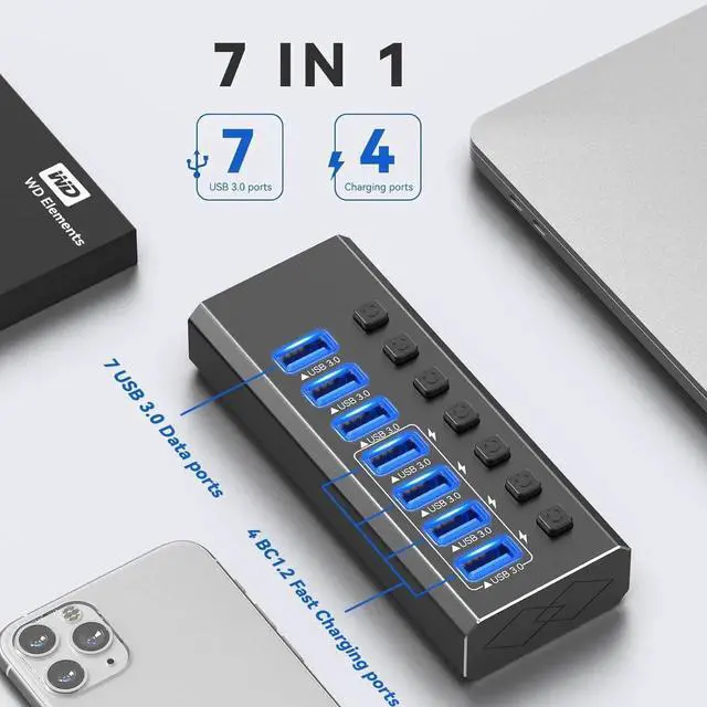 Alt view image 7 of 7 - Powered USB Hub 3.0, 7-Port USB 3.0 Hub [Durable Aluminum] 7 Data Transfer Ports+ 4 Smart Charging Ports with Individual On/Off Switches, USB Hub 3.0 Powered with Power Adapter for Laptop PC
