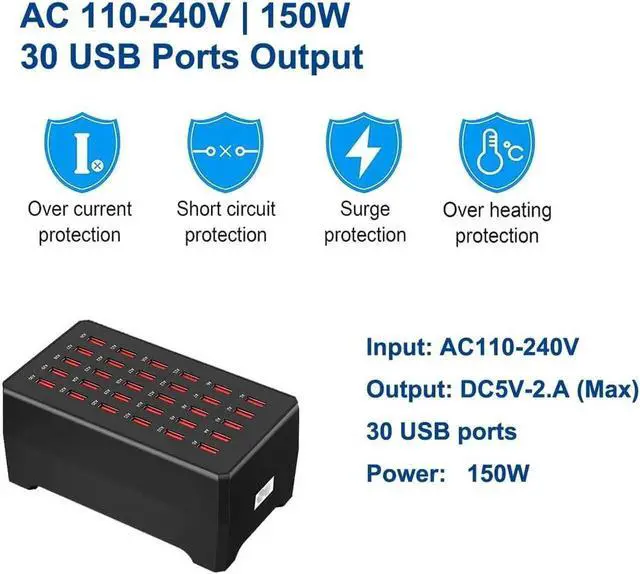 Alt view image 6 of 7 - USB Charger Station, 30-Port USB 150W/30A Multiple USB Charging Station, Multi Ports USB Charger Station for Smartphones, Tablets, and Other USB Devices