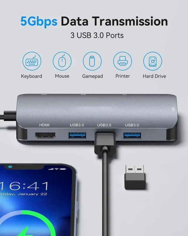 Alt view image 3 of 7 - USB C Hub Multiport Adapter, 8-in-1 USB-C Hub with Ethernet 1000Mbps, 4K HDMI, 100W PD, SD/TF Card Reader, 3 USB 3.0 Ports Docking Station Compatible for Ma-cBook Pro/Air M3/2 /1, i-Pad Pro/XPS