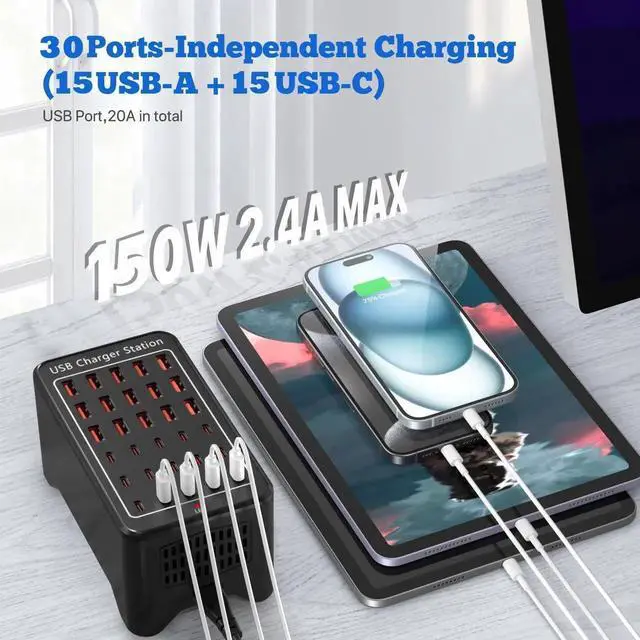 Alt view image 2 of 7 - 150W USB Charging Station, 30-Ports Multi Device Charger with Intelligent Safety Features, Charging Station for Multiple Devices Phone,Watch,Headphones Suitable for Home, Office, Travel, School