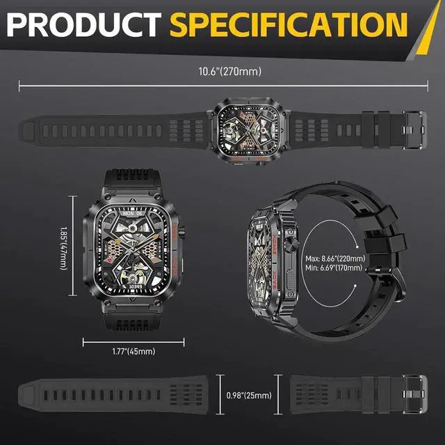 Alt view image 4 of 7 - Military Smart Watch for Men, 5ATM Waterproof with Call 2.02" Large Screen Rugged Outdoor Tactical Smartwatch with Compass Fitness Watch with Heart Rate Blood Pressure Monitor for IOS Android