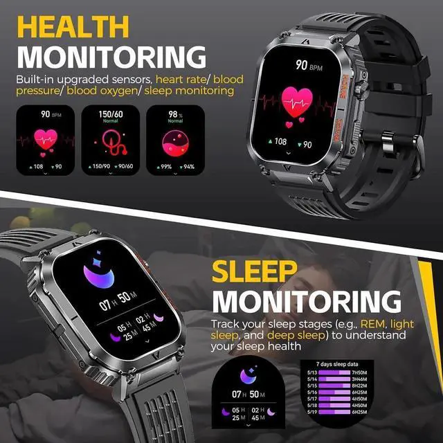 Alt view image 2 of 7 - Military Smart Watch for Men, 5ATM Waterproof with Call 2.02" Large Screen Rugged Outdoor Tactical Smartwatch with Compass Fitness Watch with Heart Rate Blood Pressure Monitor for IOS Android