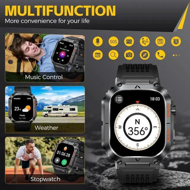 Alt view image 6 of 7 - Military Smart Watch for Men, 5ATM Waterproof with Call 2.02" Large Screen Rugged Outdoor Tactical Smartwatch with Compass Fitness Watch with Heart Rate Blood Pressure Monitor for IOS Android