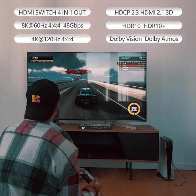 Alt view image 2 of 7 - 4 Port HDMI 2.1 Switch 4K@120Hz 8K@60Hz, 48Gbps transfer rate, HDMI Switcher 4 in 1 Out Support PS-5, X-box Series X, HDR10+, Do-lby Vision Do-l-by At-mos