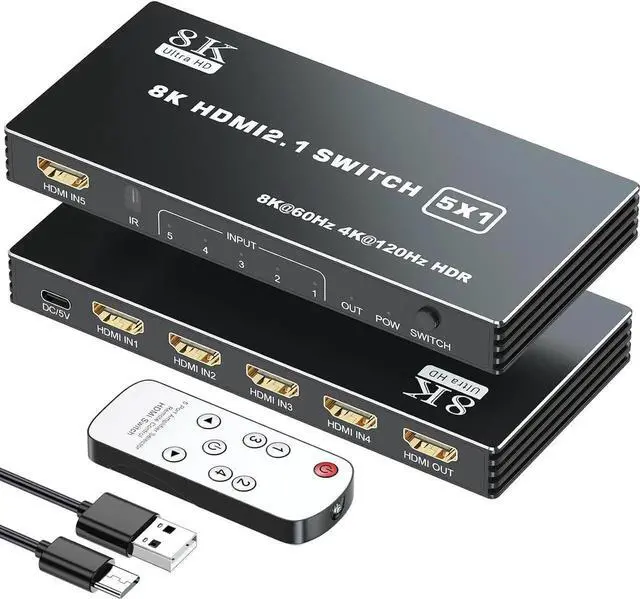 Main image of HDMI 2.1 Switch 5x1, 8K HDMI Switch 5 in 1 Out, Support 8K/60Hz 4K/120Hz HDCP 2.3 HDR10, 5-Port HDMI Switcher Selector Box Compatible with PS3/4/5, Fire Stick, DVD, Xbox Switch etc..