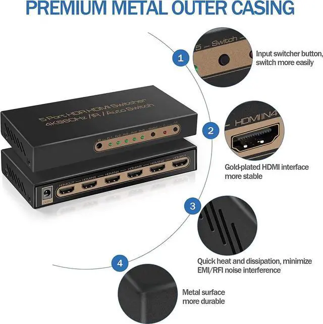 Alt view image 7 of 7 - 4K @60HZ HDMI Switch 5x1, HDMI 2.0 Switch 5 in 1 Out, 4K HDMI Switch with Remote Control Support Auto Switch, 3D, HDR 10, 18Gbps, HDCP 2.2 for PS5, Xbox, DVD, Monitor