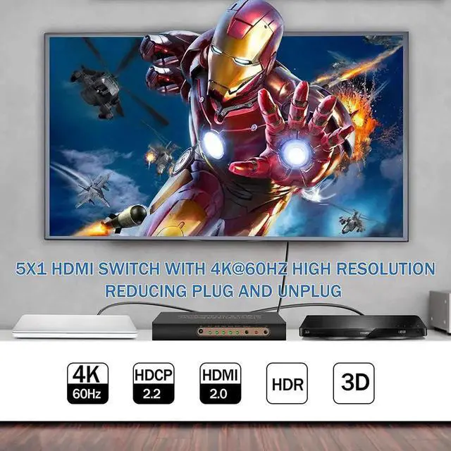 Alt view image 4 of 7 - 4K @60HZ HDMI Switch 5x1, HDMI 2.0 Switch 5 in 1 Out, 4K HDMI Switch with Remote Control Support Auto Switch, 3D, HDR 10, 18Gbps, HDCP 2.2 for PS5, Xbox, DVD, Monitor
