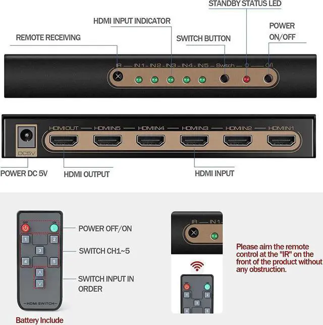 Alt view image 3 of 7 - 4K @60HZ HDMI Switch 5x1, HDMI 2.0 Switch 5 in 1 Out, 4K HDMI Switch with Remote Control Support Auto Switch, 3D, HDR 10, 18Gbps, HDCP 2.2 for PS5, Xbox, DVD, Monitor