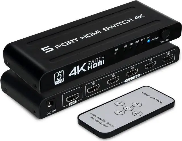 Main image of HDMI Switch 5 in 1 Out, 5 Port HDMI Switcher Selector Box with IR Remote Control & Auto Switch, Support 4K @30Hz, HDR, HDCP, 3D, 1080P for HDTV PS3 PS4 Xbox Projector Blu-ray Player (Black)
