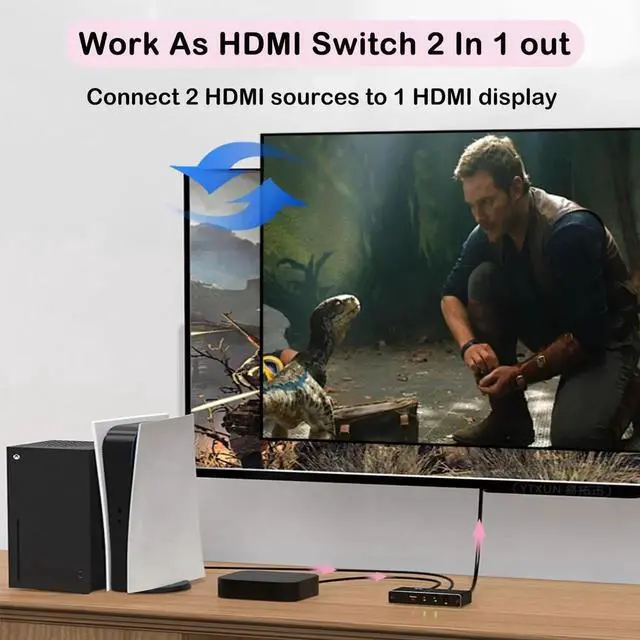 Alt view image 6 of 7 - 2 Port HDMI Switch, 8K Bi-Directional [2 in 1 Out / 1 in 2 Out] HDMI 2.1 Switcher Splitter, Supports 8K@60Hz, 4K@120Hz, 1080P@240Hz, HDR, 3D, Dol-by Compatible with PS5 Xbox Blu-Ray Player etc