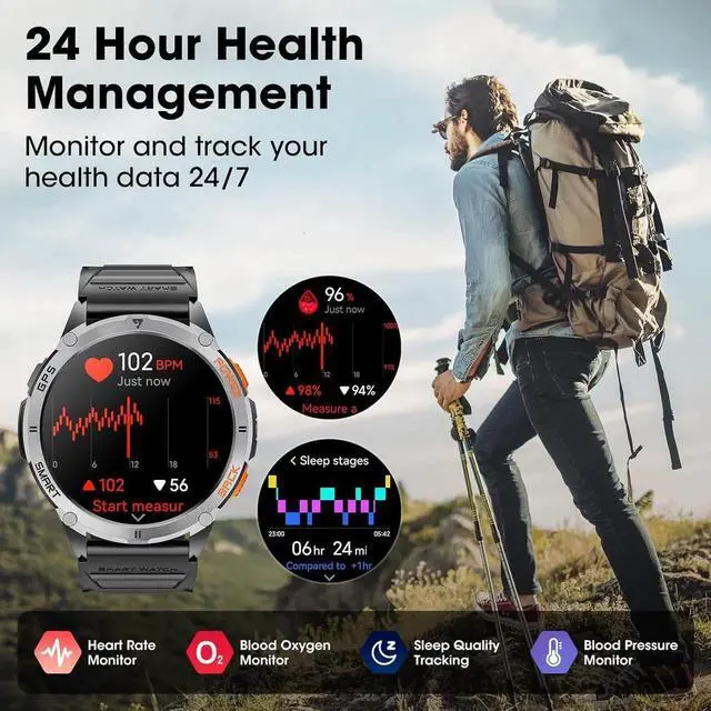 Alt view image 2 of 6 - GPS Smart Watch for Men, 1.43''AMOLED Smartwatch with Answer/Make Call, 170 Sports Modes, Compass, LED Flashlight, Heart Rate, Stress Monitor Sports Watch, IP68 Waterproof Watch for Android iOS