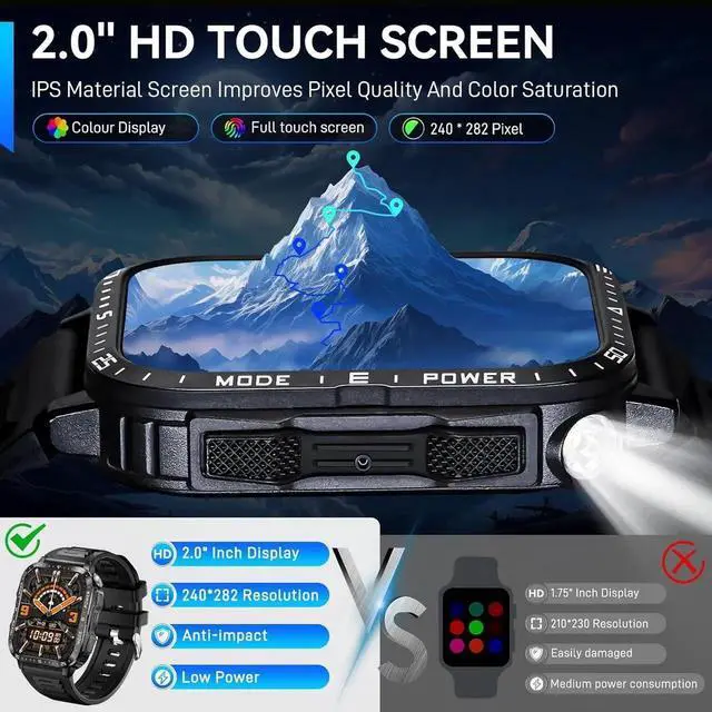 Alt view image 5 of 7 - Military Smart Watch for Men with LED Flashlight Watch 2.0'' Big Screen Tactical Smartwatch 430mAh Big Battery Fitness Tracker with Heart Rate Sleep Monitor Make Calls for IOS Android Phones