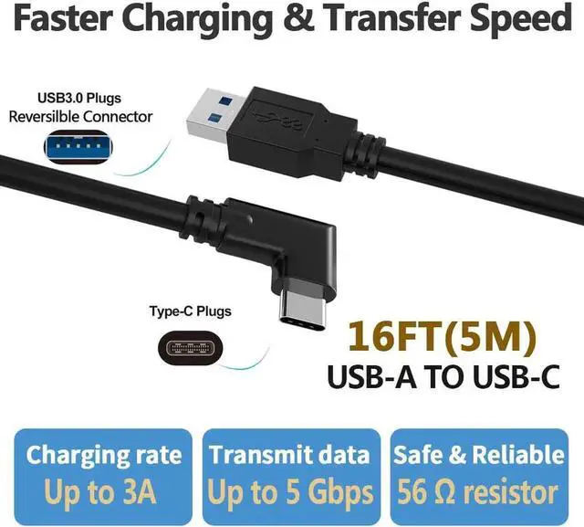 Alt view image 3 of 7 - Oculus Quest Link Cable, USB 3.0 USB A to USB C Cable 16FT, 90 Degree Angled High Speed Data Transfer & Fast Charging Cable Compatible for Oculus Quest and Oculus Quest 2 to Gaming PC (16ft/5M)