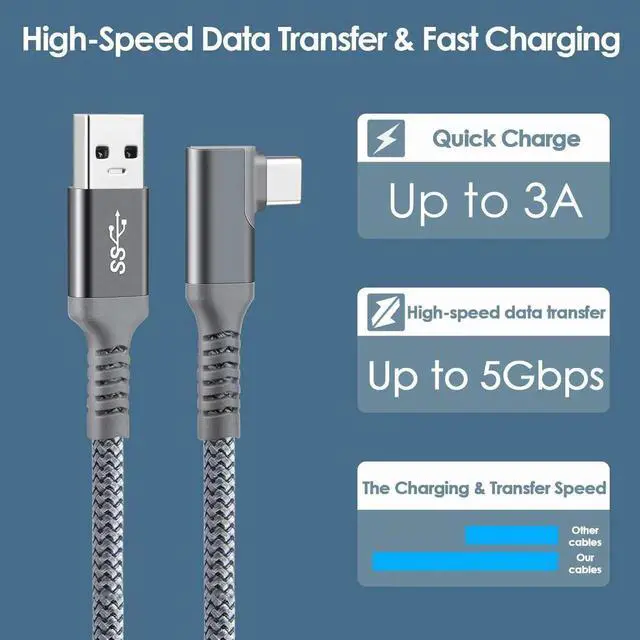 Alt view image 3 of 7 - For Oculus Quest 2 Link Cable 20ft/6M, Oculus Link Cable with Signal Booster, 90 Degree Angled High Speed Data Transfer & Fast Charging Cable for Oculus Quest VR Headset and Gaming PC (Grey)