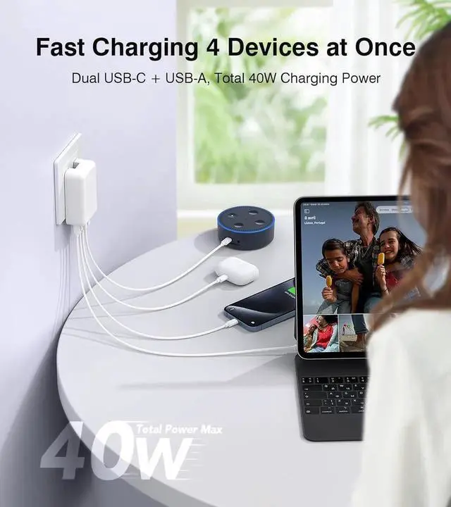 Alt view image 6 of 7 - 2-Pack Flat USB C Fast Wall Charger, 40W 4-Port PD3.0 Slim Type C Cube Blocks Multiport Brick Dual Port PD+QC Plug Power Adapter for i-Phone 15/14/13/12Pro Max Plus Mini,AirPods, Android Phones,Tablet