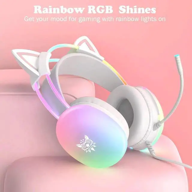 Alt view image 4 of 7 - Cat Ear Gaming Headset with Mic, RGB Rainbow Lighting, Surround Sound, 3.5mm Wired Over-Ear Headphones Gaming Headsets for PC/PS4/PS5/Switch/Laptop, Lightweight & Adjustable Headband