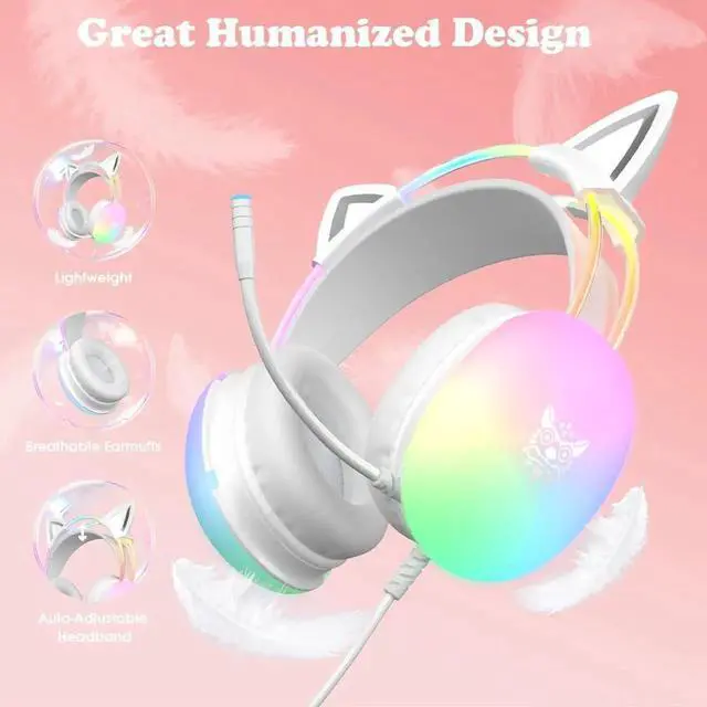 Alt view image 6 of 7 - Cat Ear Gaming Headset with Mic, RGB Rainbow Lighting, Surround Sound, 3.5mm Wired Over-Ear Headphones Gaming Headsets for PC/PS4/PS5/Switch/Laptop, Lightweight & Adjustable Headband