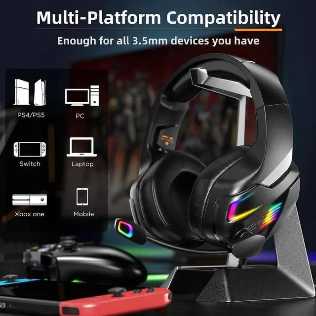 Alt view image 4 of 7 - Wired Gaming Headset for PS5, PS4, PC, Stereo Surround Sound Gaming Headphones with Noise Cancelling Microphone, Over-Ear Gamer Headset with 4 Mode RGB Light for Laptop Mac Switch XboxOne (Black)