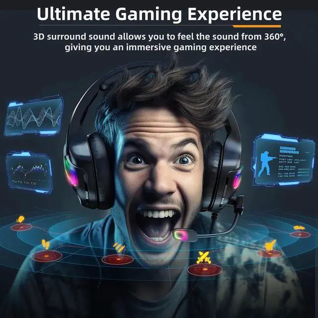 Alt view image 6 of 7 - Wired Gaming Headset for PS5, PS4, PC, Stereo Surround Sound Gaming Headphones with Noise Cancelling Microphone, Over-Ear Gamer Headset with 4 Mode RGB Light for Laptop Mac Switch XboxOne (Black)