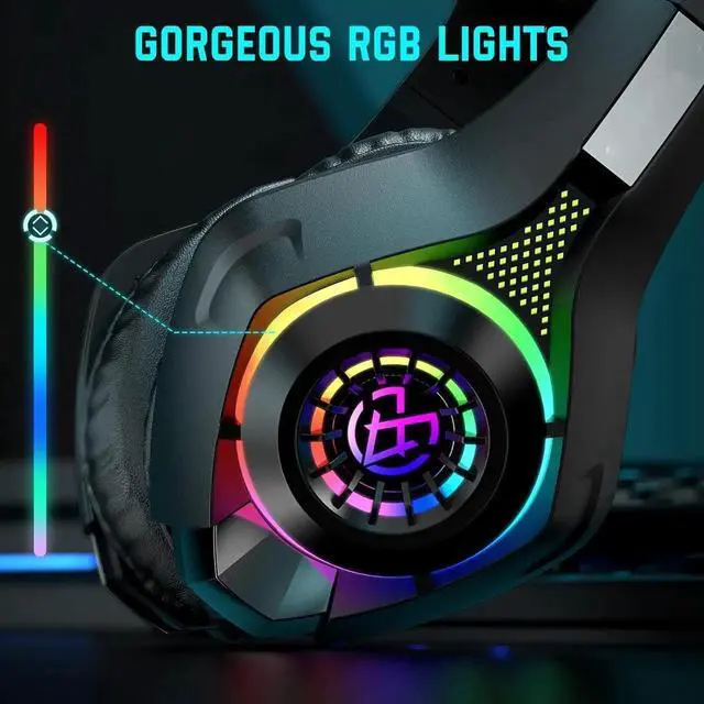 Alt view image 4 of 6 - Wired Gaming Headset for PS4 PS5 Switch Xbox One PC with RGB Light, Noise Canceling Mic, Surround Sound Gaming Headphones