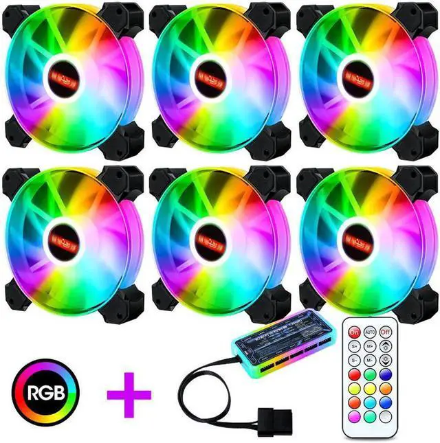 Alt view image 4 of 7 - 6-Pack 120mm RGB Case Fan with Remote Controller, Computer Case 12cm Cooling Fan RGB 6PIN, RGB LED Quiet High Airflow Adjustable Color LED Fan, CPU Cooler with RF Remote