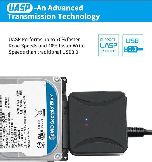 Alt view image 5 of 6 - SATA to USB 3.0 Adapter, USB 3.0 to SATA III Hard Drive Adapter, SATA to USB 3.0, Hard Drive Reader SATA Adapter for 2.5/3.5 inch HDD SSD UASP with 12V/2A Power