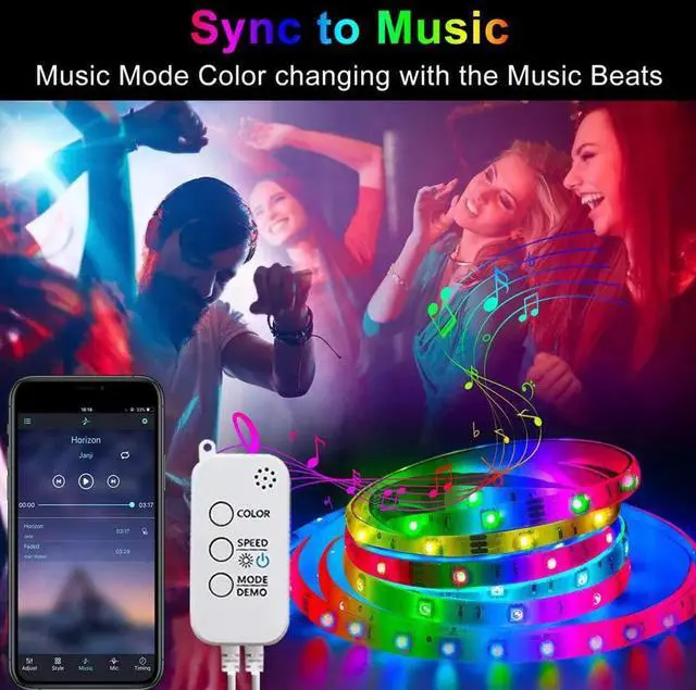 Alt view image 6 of 7 - 50ft/15M LED Strip Lights, HRDJ RGB LED Light Strip Music Sync RGB LED Strip,5050 SMD Color Changing LED Strip Light Bluetooth Controller + 24 Key Remote LED Lights for Bedroom Home Party